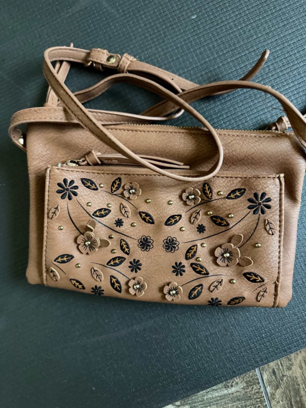 Floral Appliqué Crossbody Bag in Tan